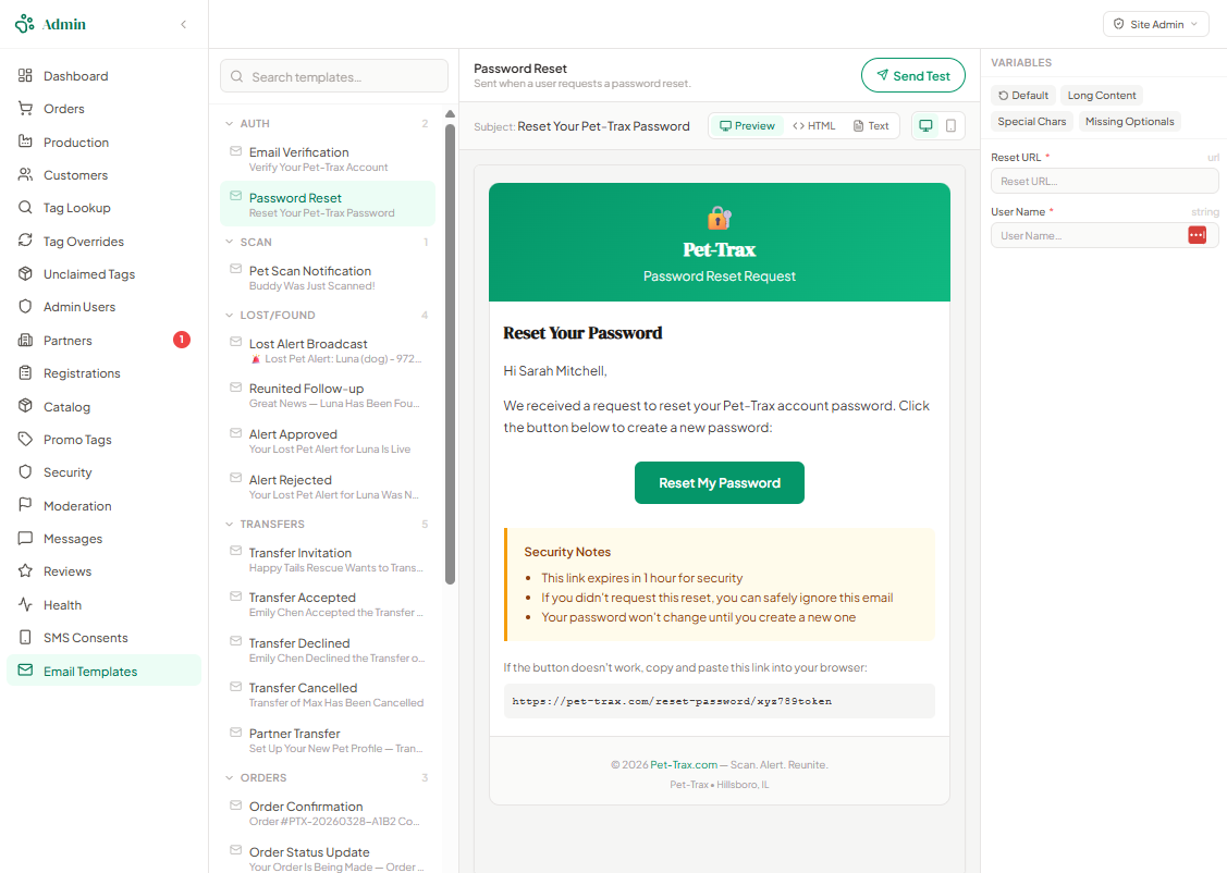 Pet-Trax email template management showing a password reset template with live preview