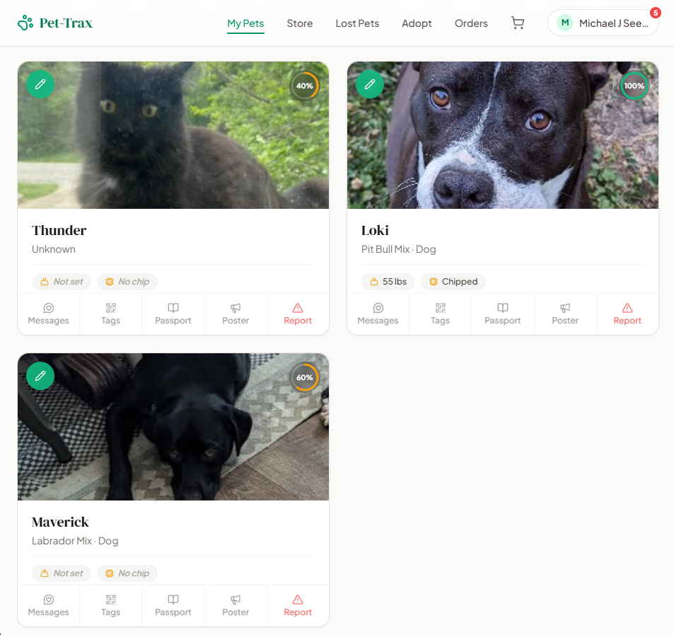 Pet-Trax customer-facing My Pets dashboard with pet cards